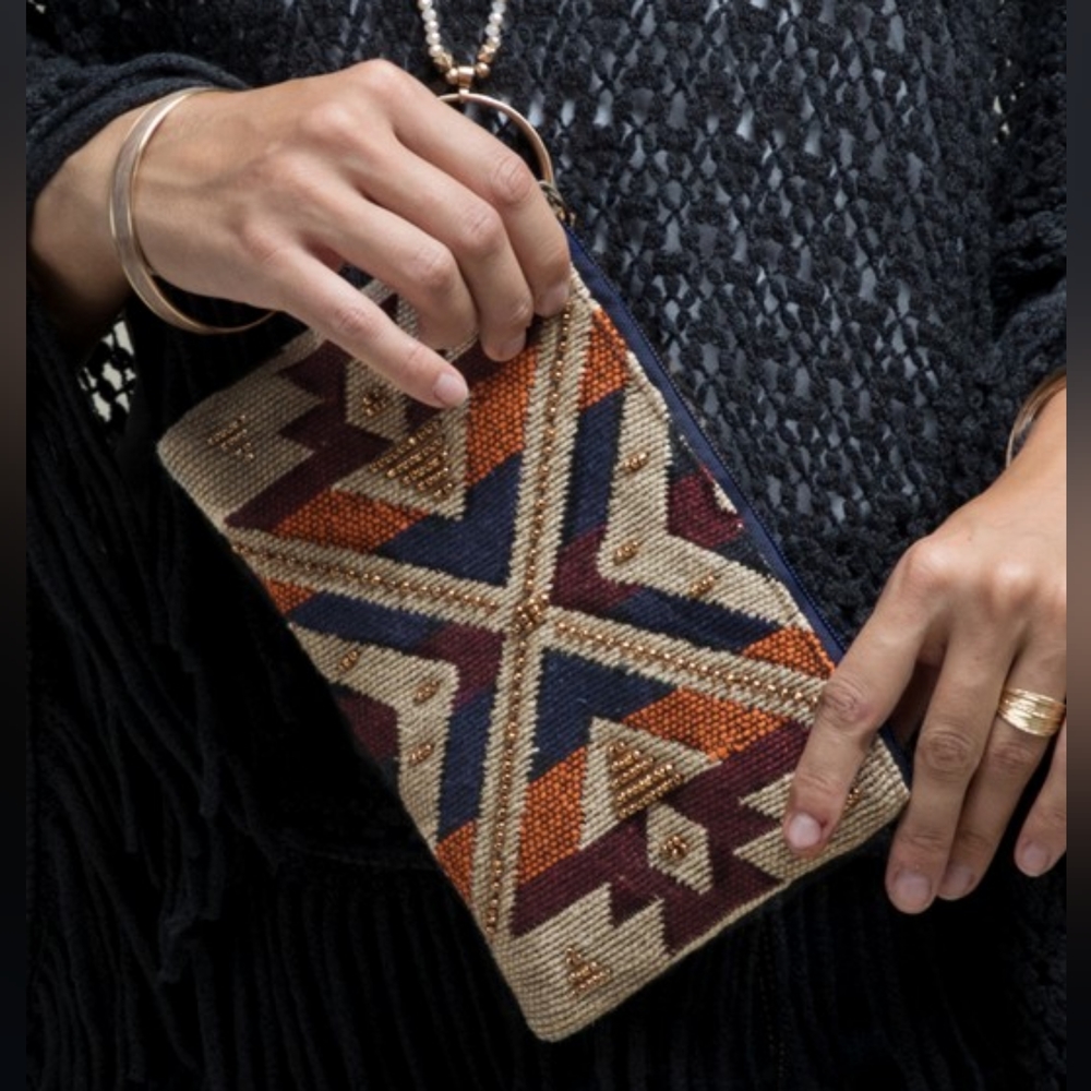 Handmade Hand Beaded Wristlet Clutch - Ethnic Tribal Inspired Design - Yarn Dyed - Picture 5 of 7